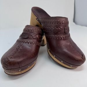 UGG Brown Leather Studded Clogs Women's 7 Wooden Heel on Sheepskin Lining